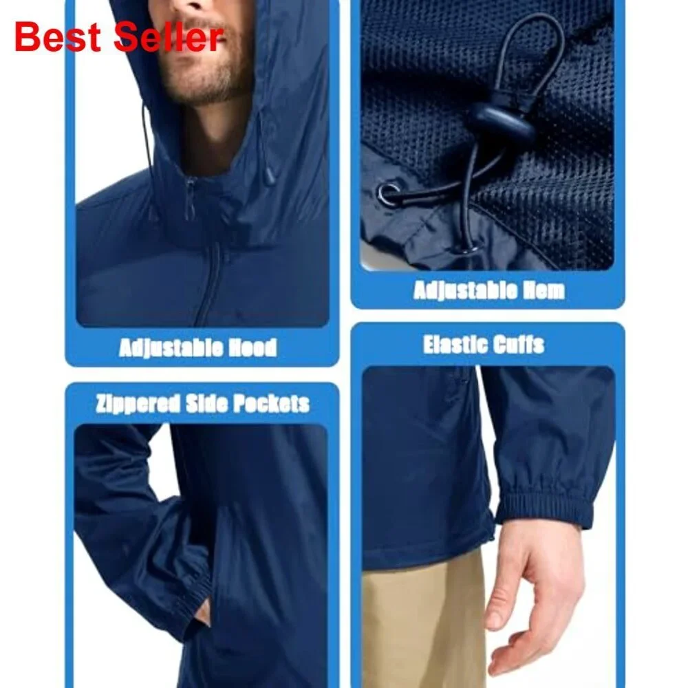 2 Pack Men's Rain Jacket Packable Lightweight Waterproof Hooded Windbreaker